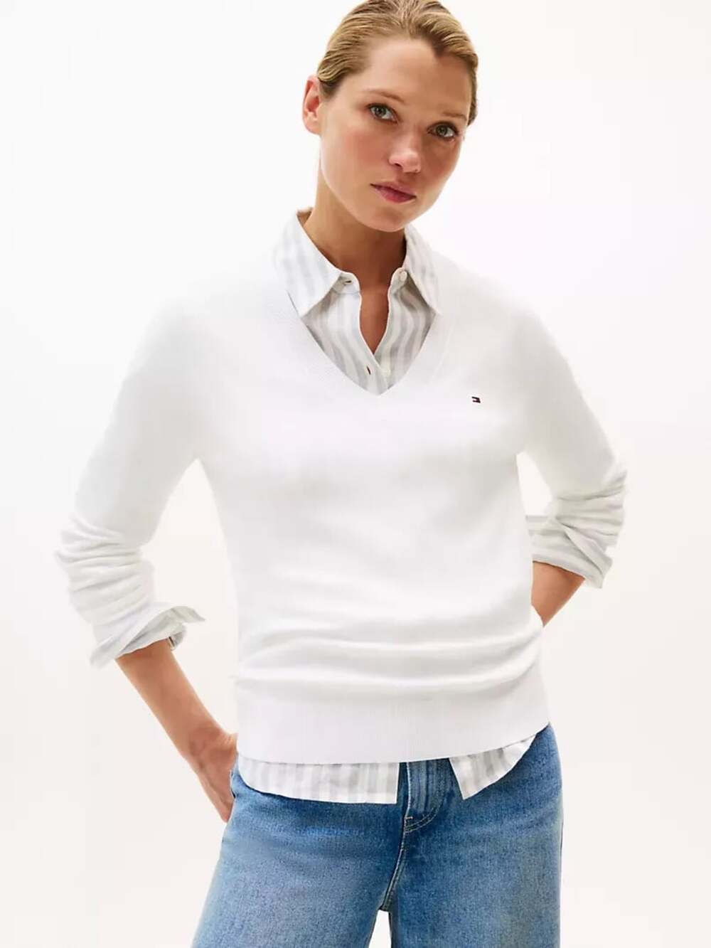Tommy Hilfiger Women's White V-Neck Long Sleeve Sweater Size XL